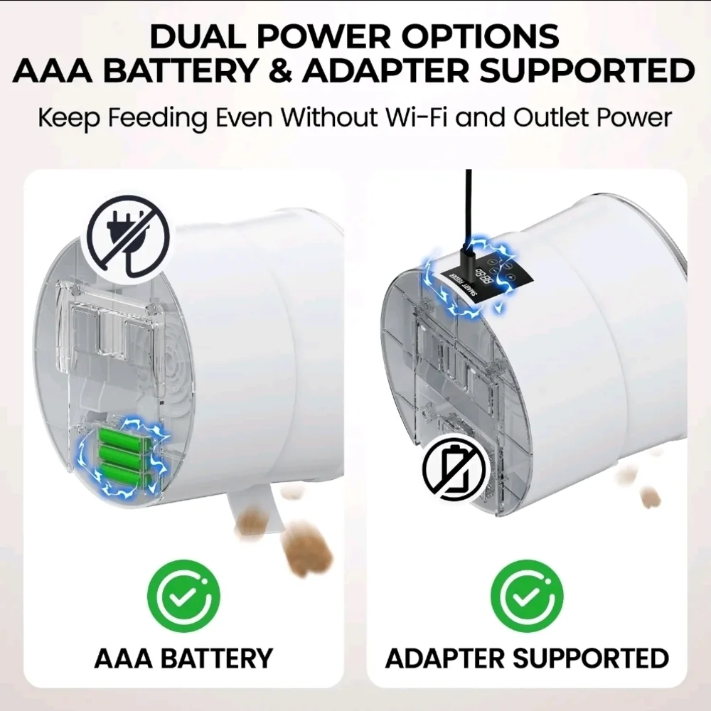 Wall-Mounted Pet Auto Feeder, 10mm Clog-Free, 2.4G/5G WiFi, Dual Power (WHITE)